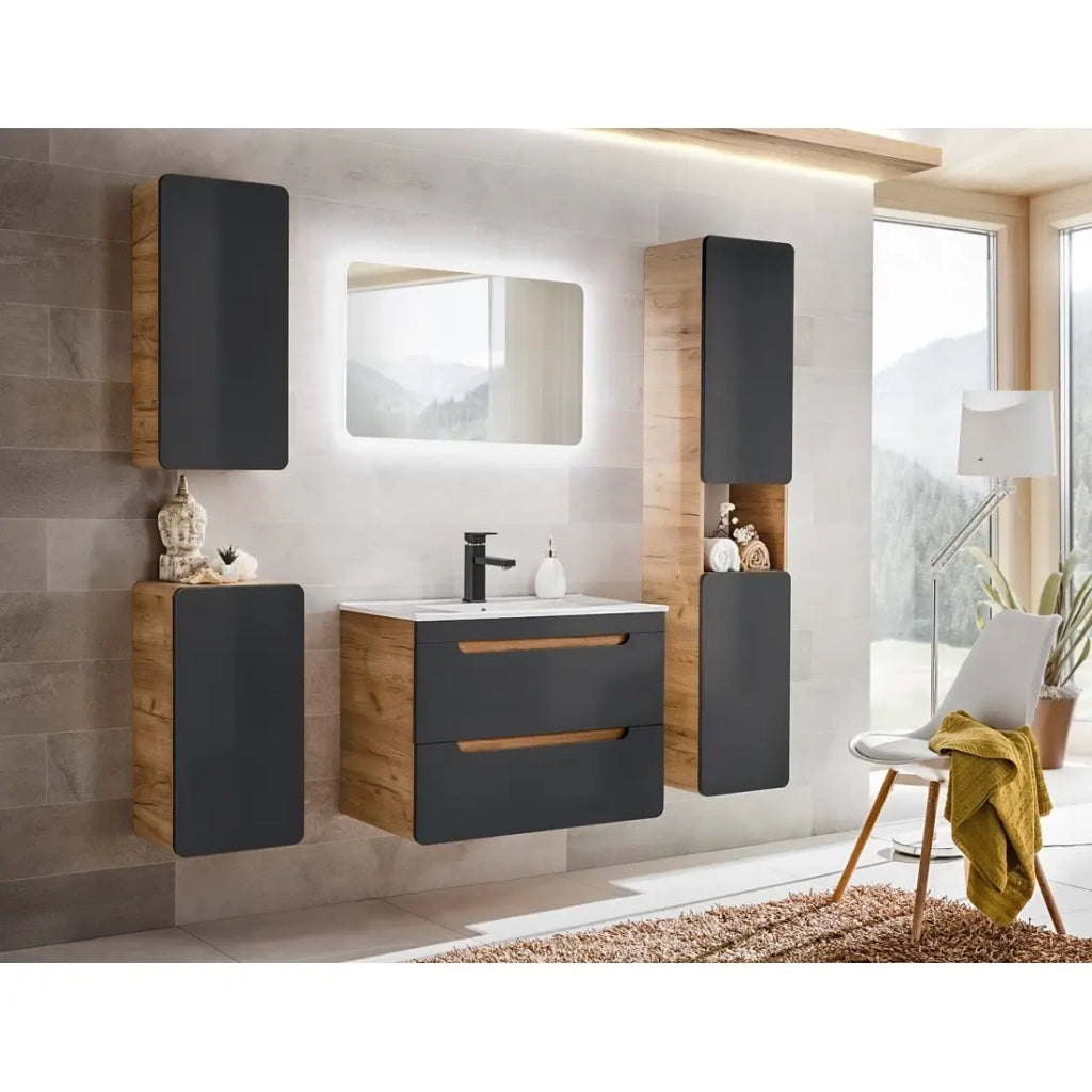 Colonna da bagno ERBANO – 2 porte – Colori rovere chiaro e grigio antracite – H170 cm – Da appendere