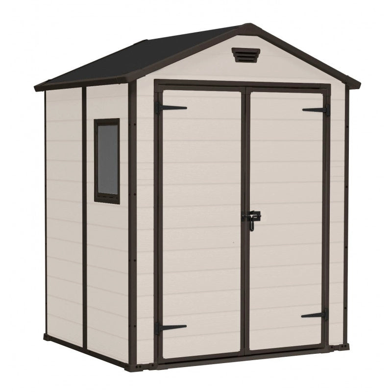 Casetta da giardino in resina effetto legno 185x152 cm - pavimento e doppia porta, porta lucchettabile - Beige – Keter