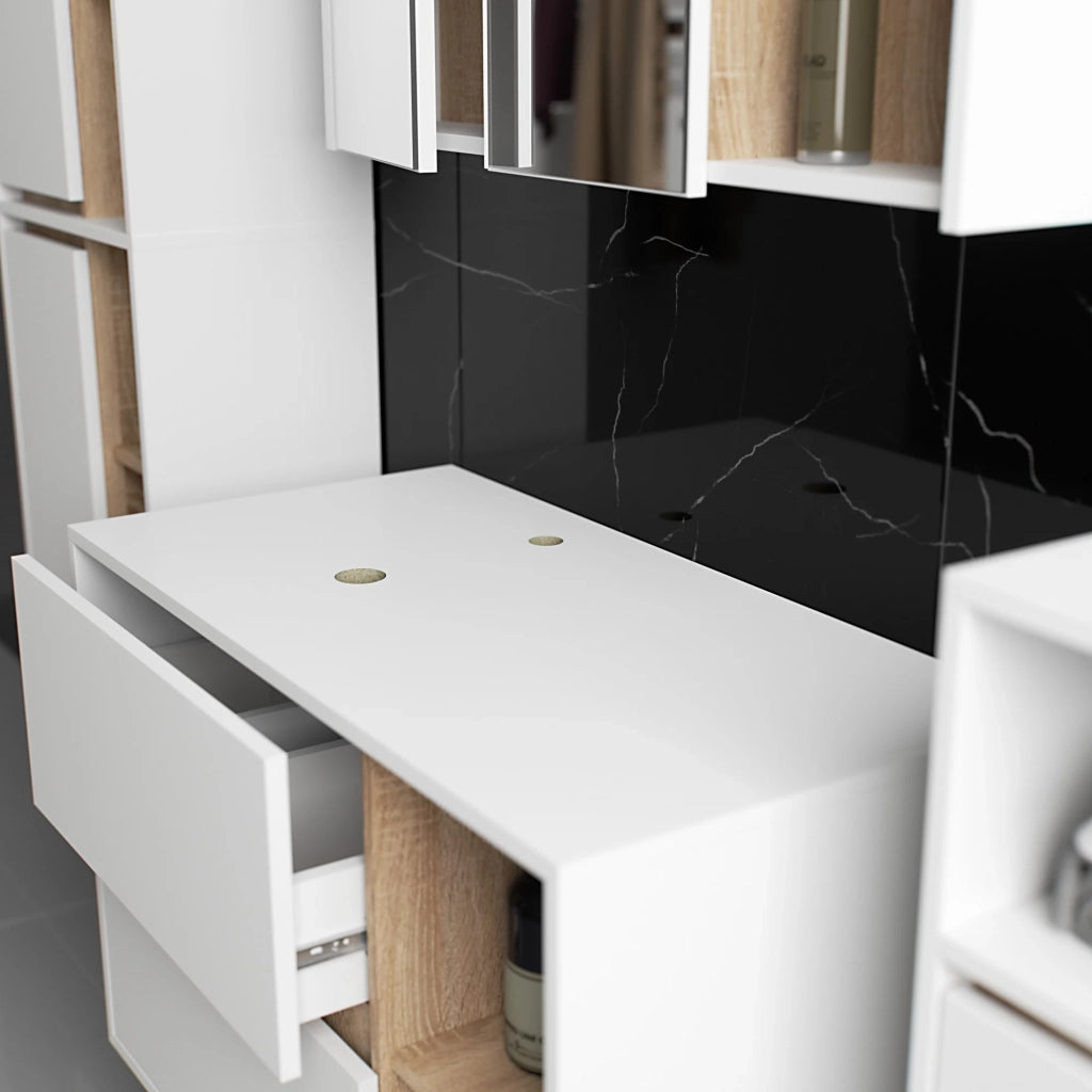 Set di mobili da bagno sospesi VAMI in Bianco con interno Quercia Sonoma con fori per lavabo da appoggio