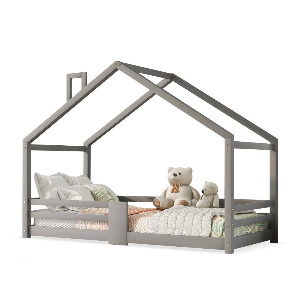 Letto a casetta per bambini con camino, protezione anticaduta, robusta base a doghe, legno di pino, letto a casetta per bambini, 90 x 200 cm senza mat