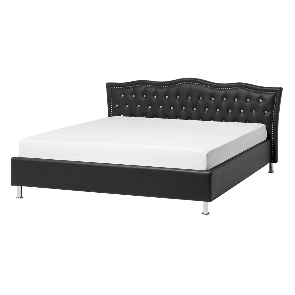 Letto matrimoniale in ecopelle nera 140 cm 6 struttura imbottita con bottoncini in cristallo con finiture imbottite