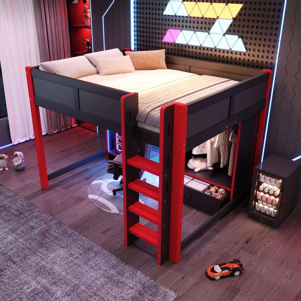DESMIU Lit mezzanine 140 × 200 cm 1 posto con scrivania, armadio, LED, senza materasso, in legno, nero e rosso