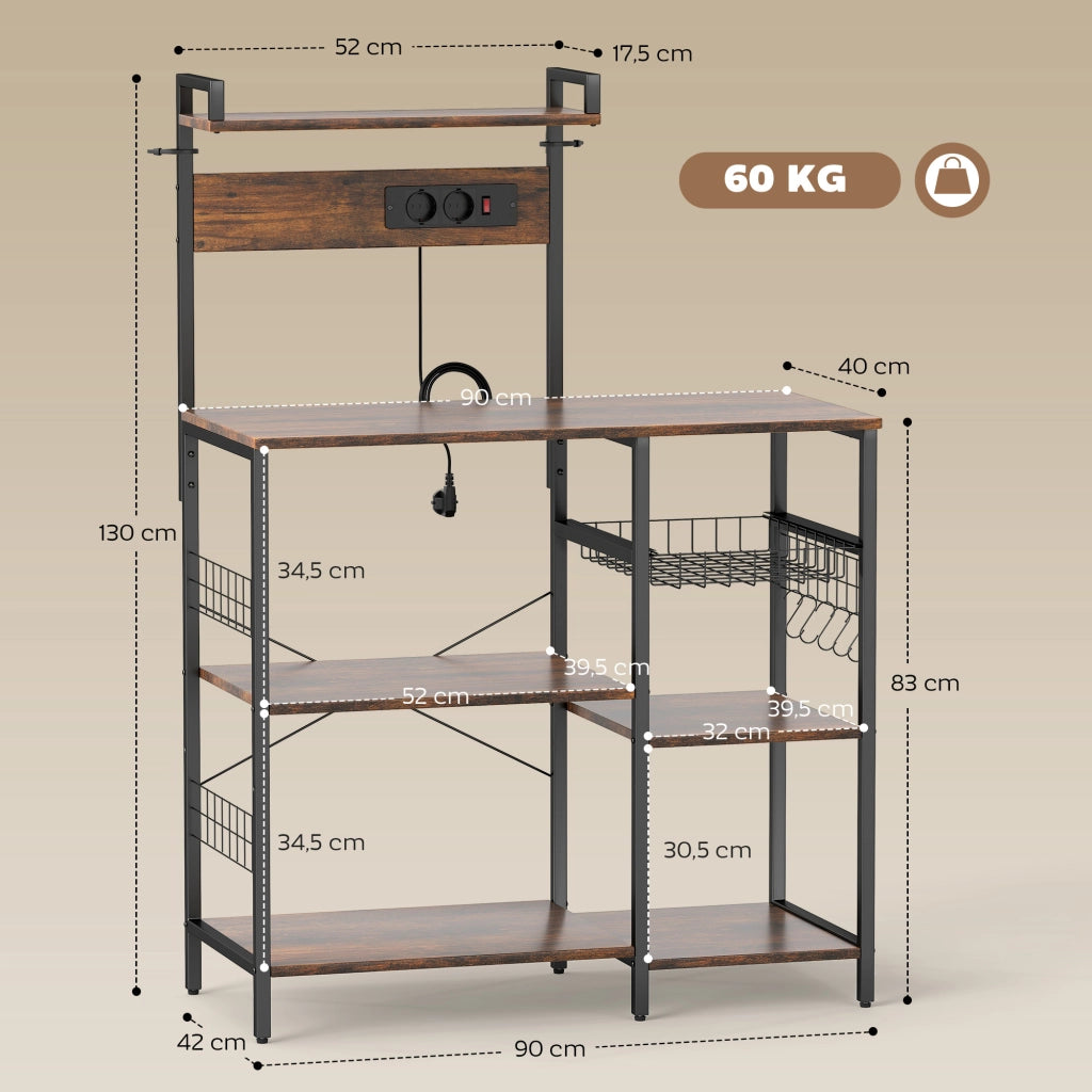 Scaffale da cucina con 2 prese, 5 ganci, 5 ripiani, cestino ¨C Xylo ¨C metallo nero 90x42x130cm