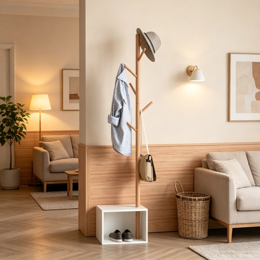 Mobile ingresso con 6 ganci e panca; in MDF e bambù; 40×30×180 cm