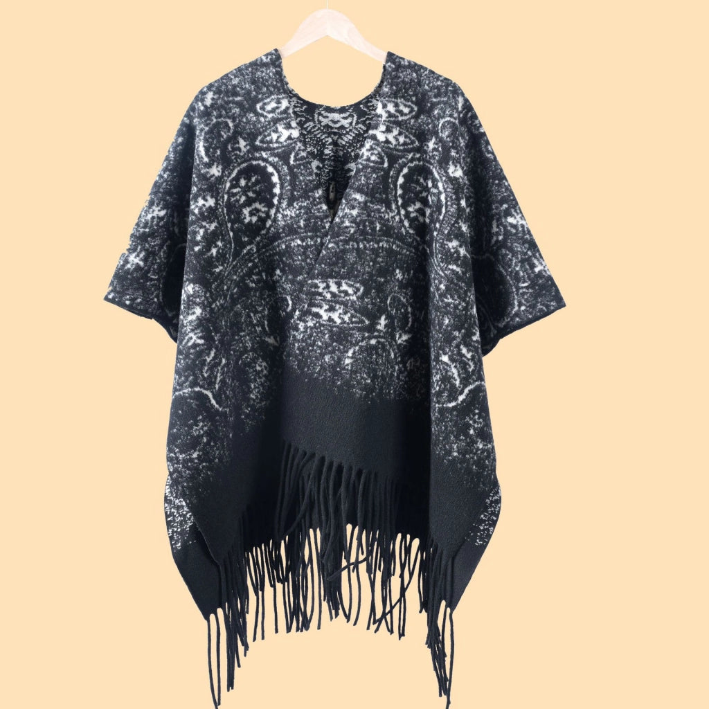 Sciarpa/mantella da donna double-face spessa con stampa, nappe e spacchi in stile paisley vintage - Mantella calda da viaggio