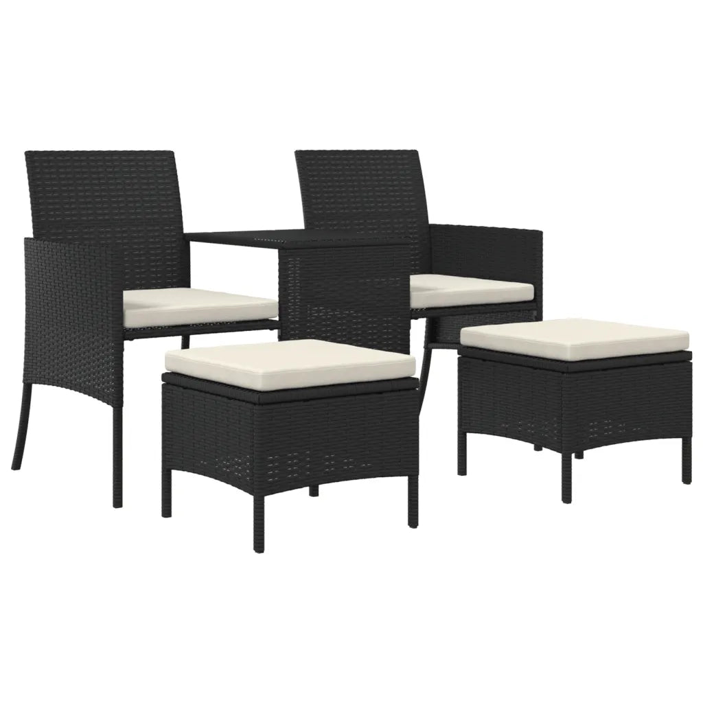 Divano Giardino 2 Posti con Tavolo e Sgabelli-Sofa da Giardino-Divanetto da esterno Nero Polyrattan 178284