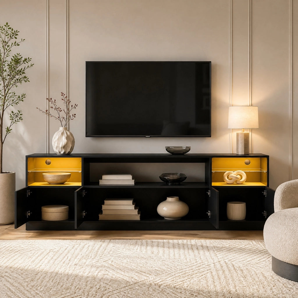 Mobile TV con LED integrato; 180 x 35 x 60 cm; in truciolare nero lucido