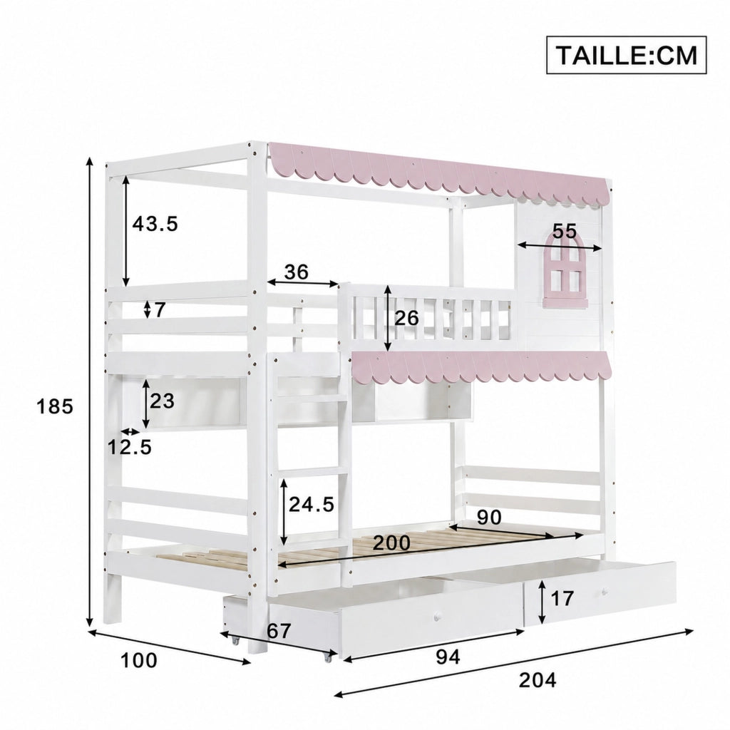 DESMIU Letto a castello bambino 90 × 200 cm 2 posti con finestre, tende, 2 cassetti, ripiani, senza materasso, bianco e rosa