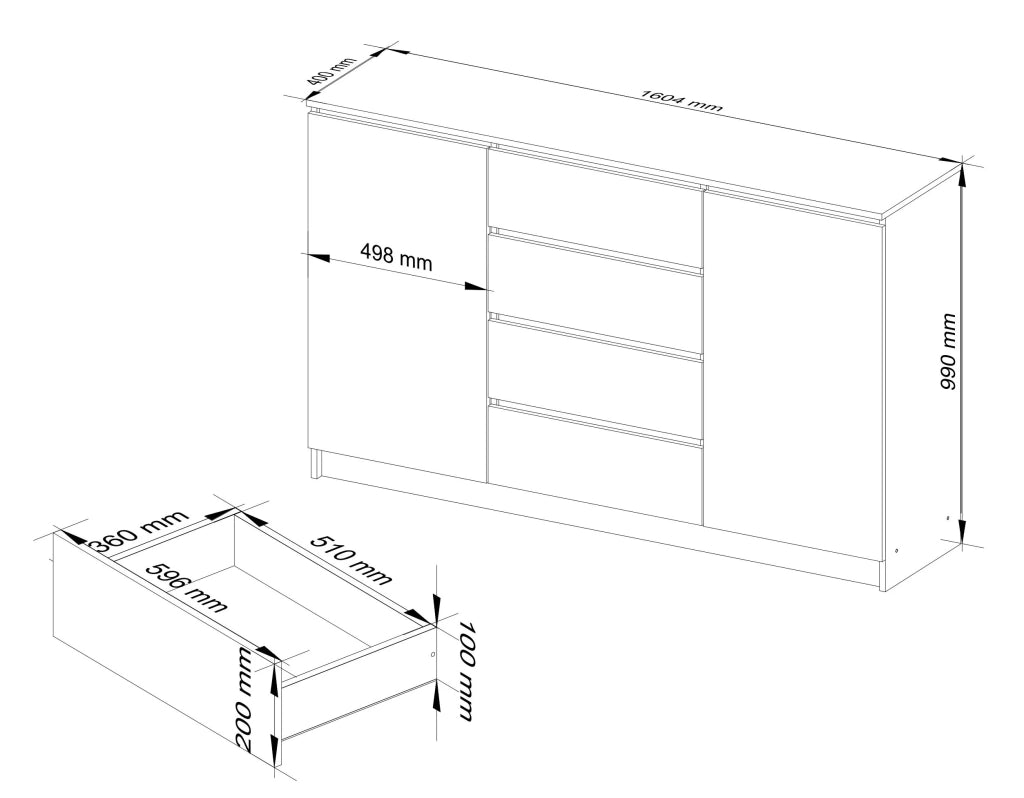 Cassettiera AKORD K160 Ontano 160 cm 2 ante 4 cassetti 160x40x99 cm