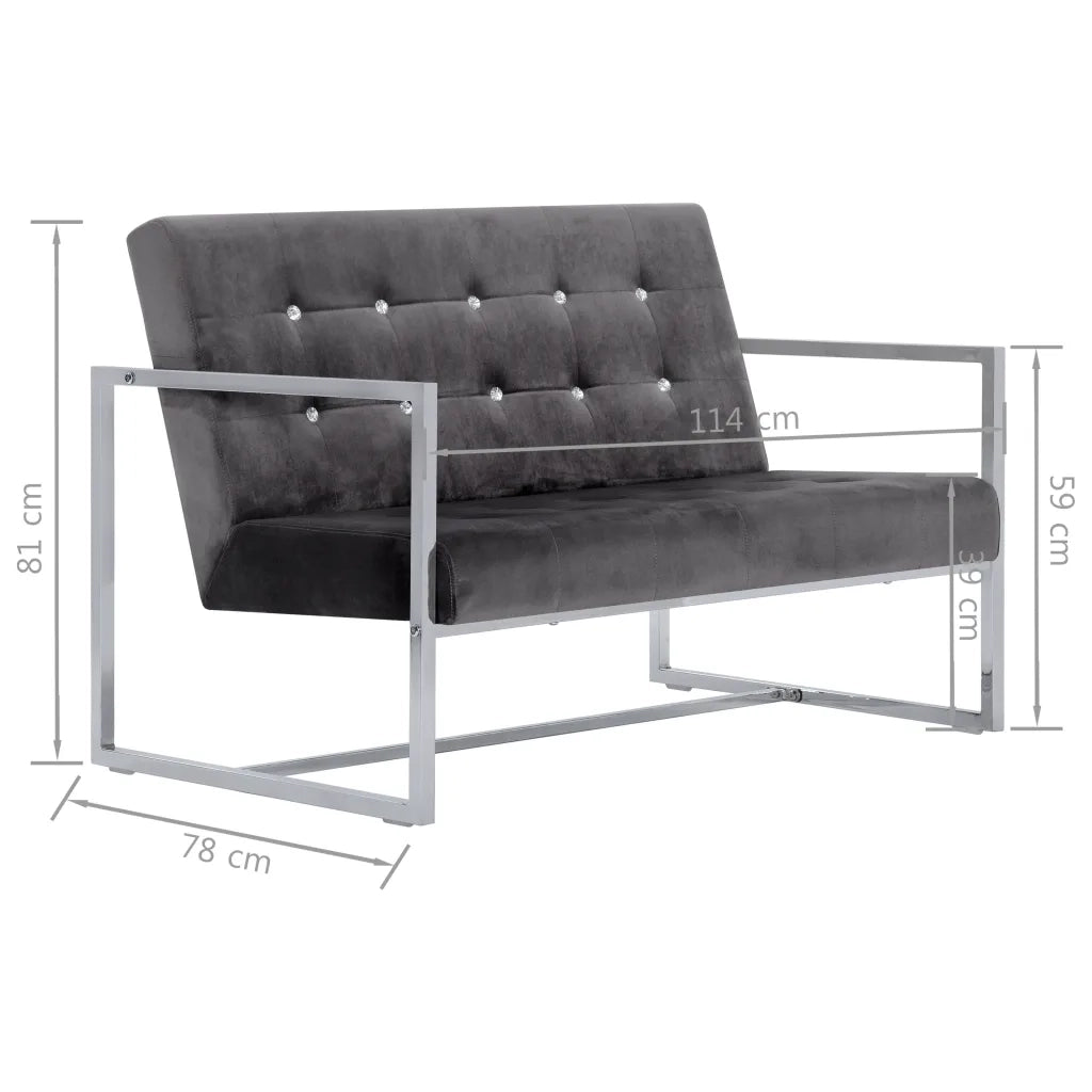 Divano a 2 Posti con Braccioli-Sofa 2 Posti Grigio Scuro Cromato e Velluto