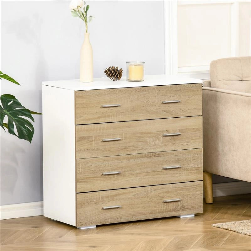 CASSETTIERA 4 CASSETTI IN LEGNO E MANIGLIE IN ALLUMINIO 76X35X72CM BIANCO E ROVERE