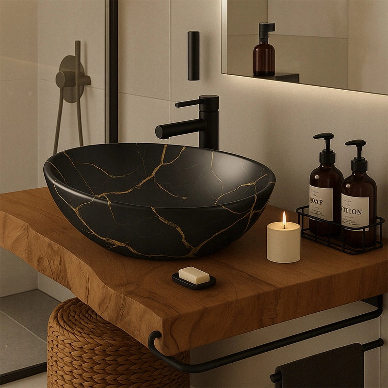 Lavabo ovale da appoggio in ceramica nero opaco con venature effetto marmo, 41 x 34,5 cm