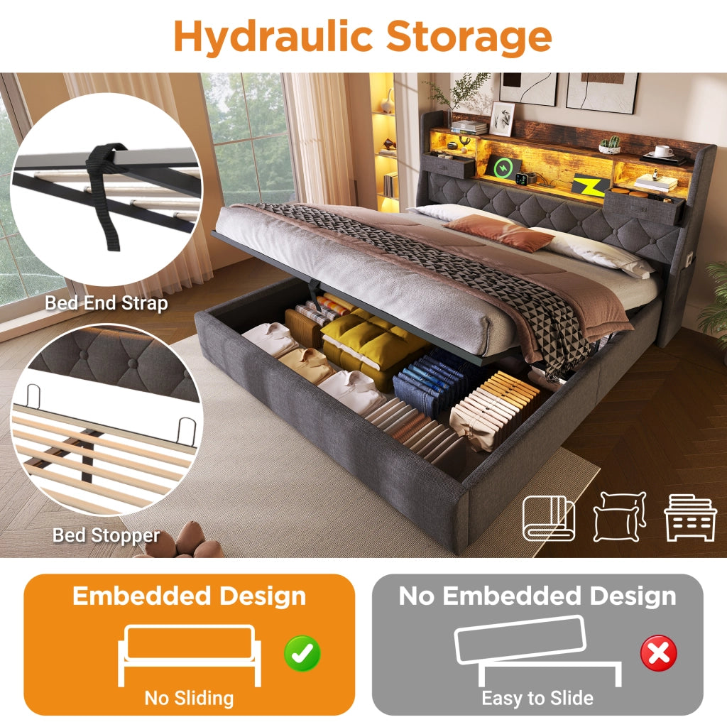 DESMIU Letto contenitore 140 × 200 cm 2 posti con LED, USB, Type-C, materasso incluso, in lino grigio