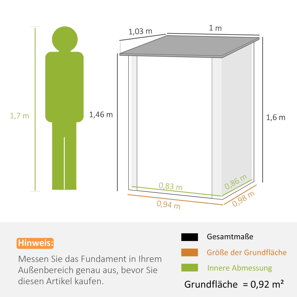 Capanno da giardino in acciaio; capanno da giardino da 0;92 m2 con tetto monopendio; mobile da giardino chiudibile a chiave; capanno da giardino per balcone; terrazza; 100 x 103 x 160 cm; marrone
