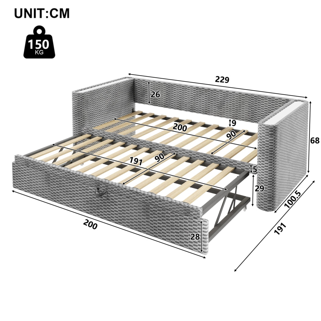 Letto 90x200 cm con letto estraibile e LED in velluto