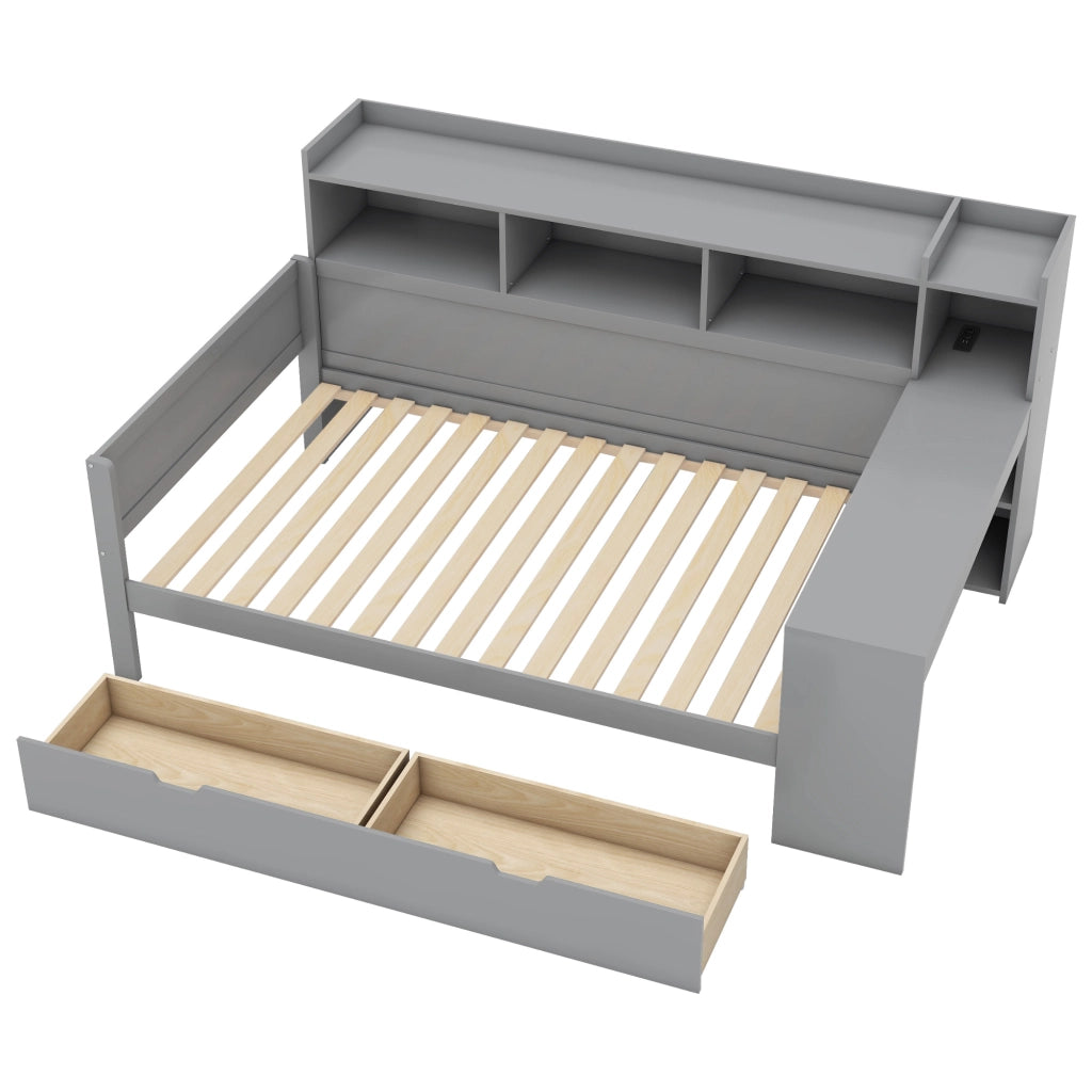 Letto singolo salvaspazio 90×200 cm con 2 cassetti; USB; prese e scrivania; senza materasso; grigio
