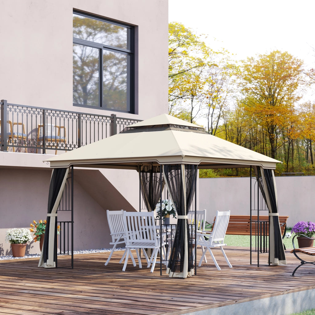 Gazebo da giardino con doppio tetto e 4 pareti laterali ¨C zephmum ¨C metallo e poliestere beige 299x299x274 cm