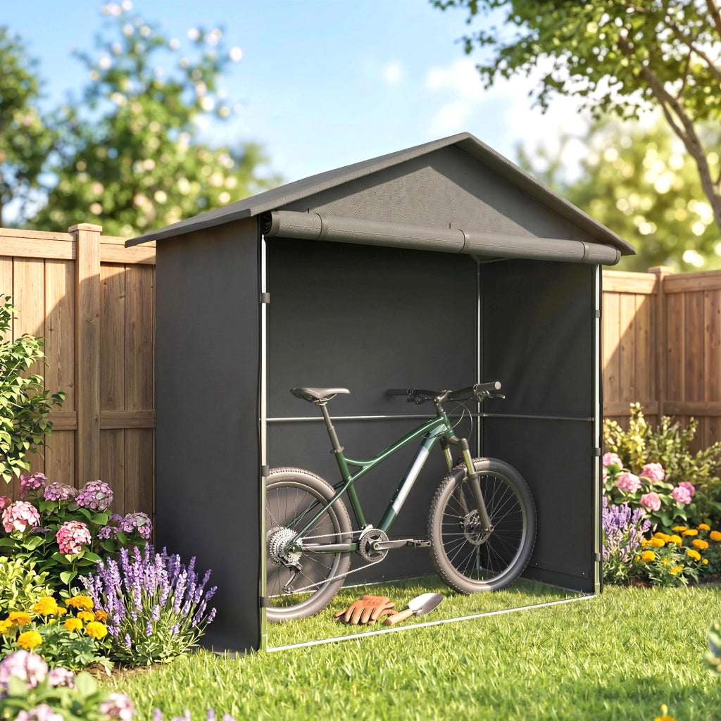 Capanno da Giardino 1.1x2 m con Porta Avvolgibile, Tenda Garage per Bici e Moto, Grigio Scuro