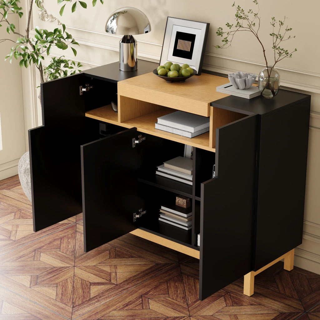 Credenza a 3 ante con nicchia aperta e vani chiusi per soggiorno e sala da pranzo; nera; 120.5 × 42 × 96 cm