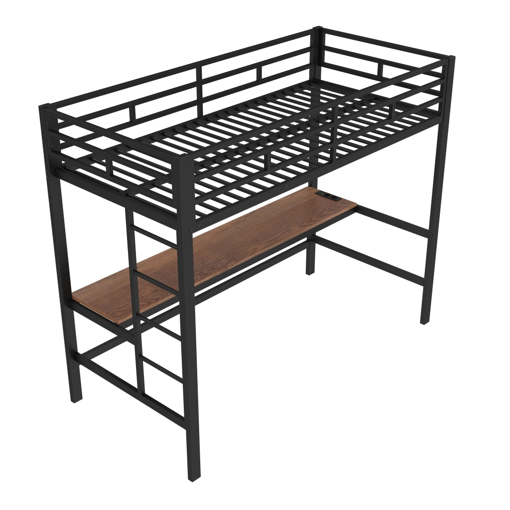 OKWISH Letto a Soppalco 90×200 cm, Letto Singolo con Scrivania, USB, Tipo-C, Presa e LED Regolabile, senza Materasso, Metallo, Nero