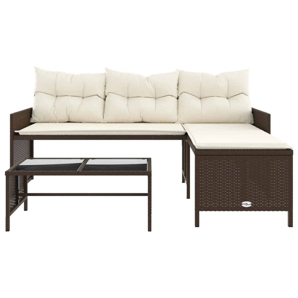Divano da Giardino con Tavolo e Cuscini a L Marrone Polyrattan 365573