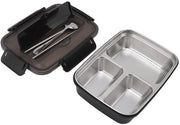 Contenitore da picnic a 3 compartimenti, in acciaio inossidabile, con cucchiaio e forchette, trasportabile, impermeabile, adatto per ufficio, scuola, campeggio (nero)