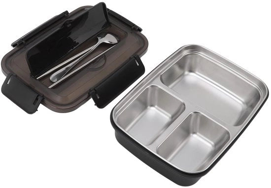 Contenitore da picnic a 3 compartimenti, in acciaio inossidabile, con cucchiaio e forchette, trasportabile, impermeabile, adatto per ufficio, scuola, campeggio (nero)
