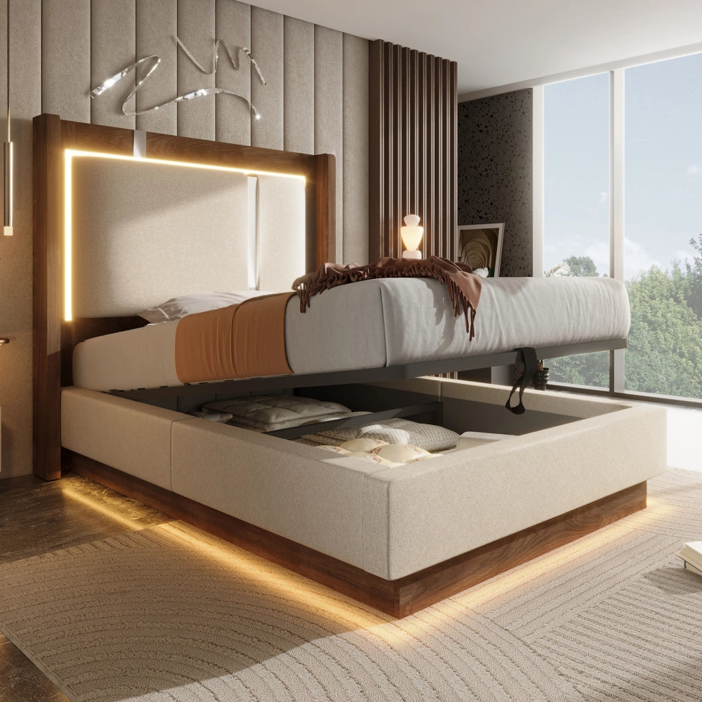 DESMIU Letto contenitore 90 × 200 cm 1 posto con LED, sollevamento idraulico e senza materasso, in lino, beige