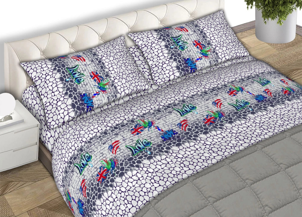 Completo Lenzuola Letto Matrimoniale 100% Cotone Made Italy Dis. Street Art CN - 2 Piazze - Blu
