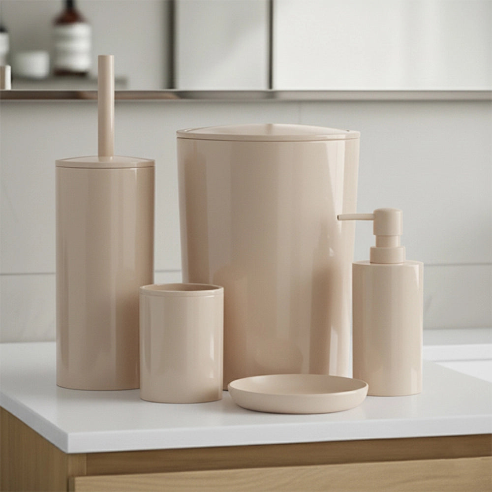 Set accessori bagno da appoggio 5 pezzi in plastica beige Glim