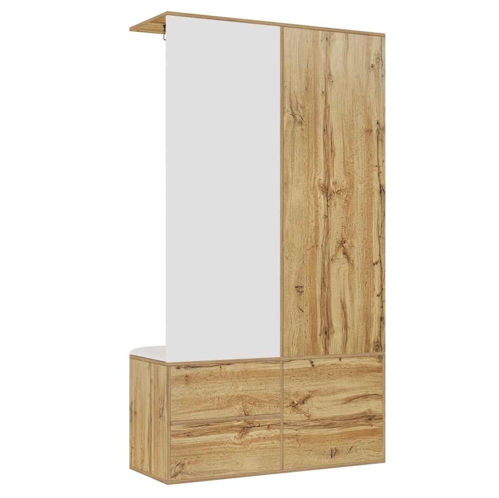 Guardaroba da ingresso 100x38x180 cm con specchio; panca e scarpiera bianco e naturale