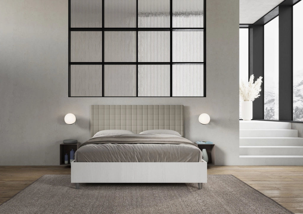 Letto Matrimoniale 160x190 cm con Rete e Contenitore Alzata Comoda Struttura Bianco Frassico e Testata in Similpelle