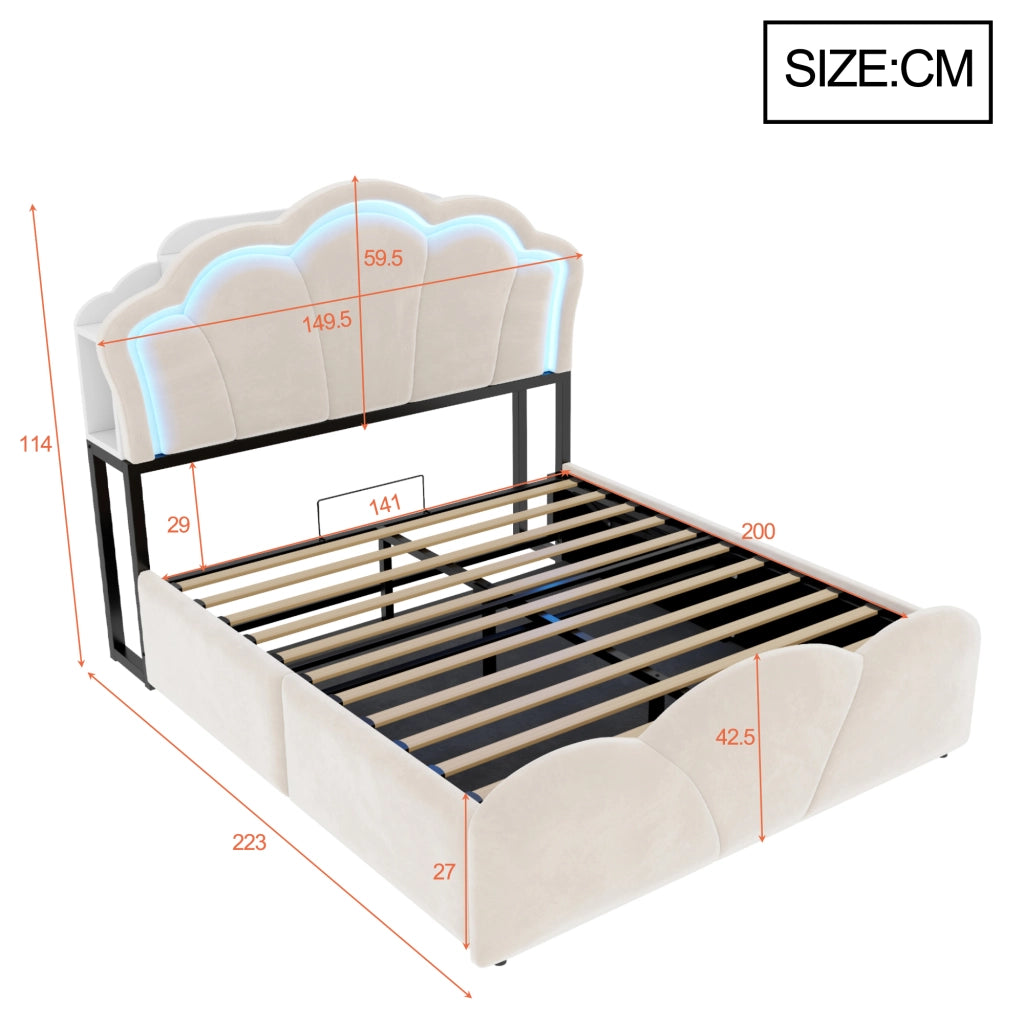 DESMIU Letto contenitore 140 × 200 cm 2 posti con LED, prese e vani testiera, senza materasso, beige