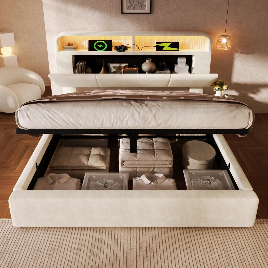 OKWISH Letto Contenitore 160×200 cm, Letto Matrimoniale con Contenitore, USB, Tipo C, LED Regolabile e Testiera Regolabile, senza Materasso, Velluto, Beige