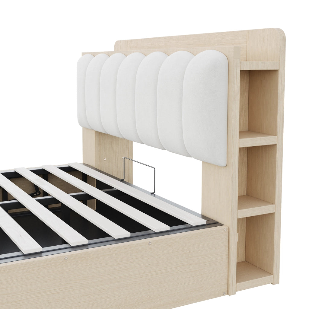DESMIU Letto contenitore 140 × 200 cm 2 posti con USB, luce e vani, senza materasso, legno naturale