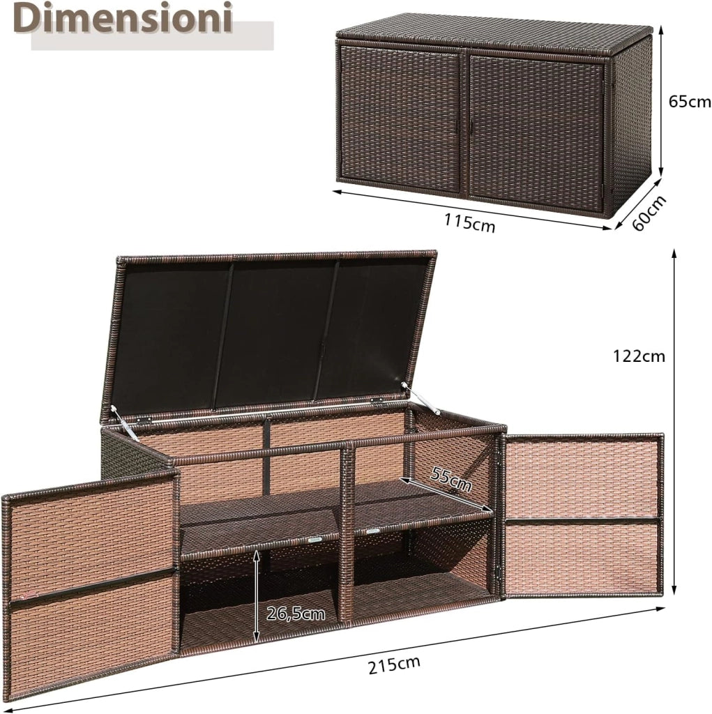 Baule Contenitore da 335L, con Coperchio e 2 Ripiani, Contenitore da Giardino con Telaio in Acciaio, Box per Conservazione di Attrezzi Giocattoli Accessori (Marrone)
