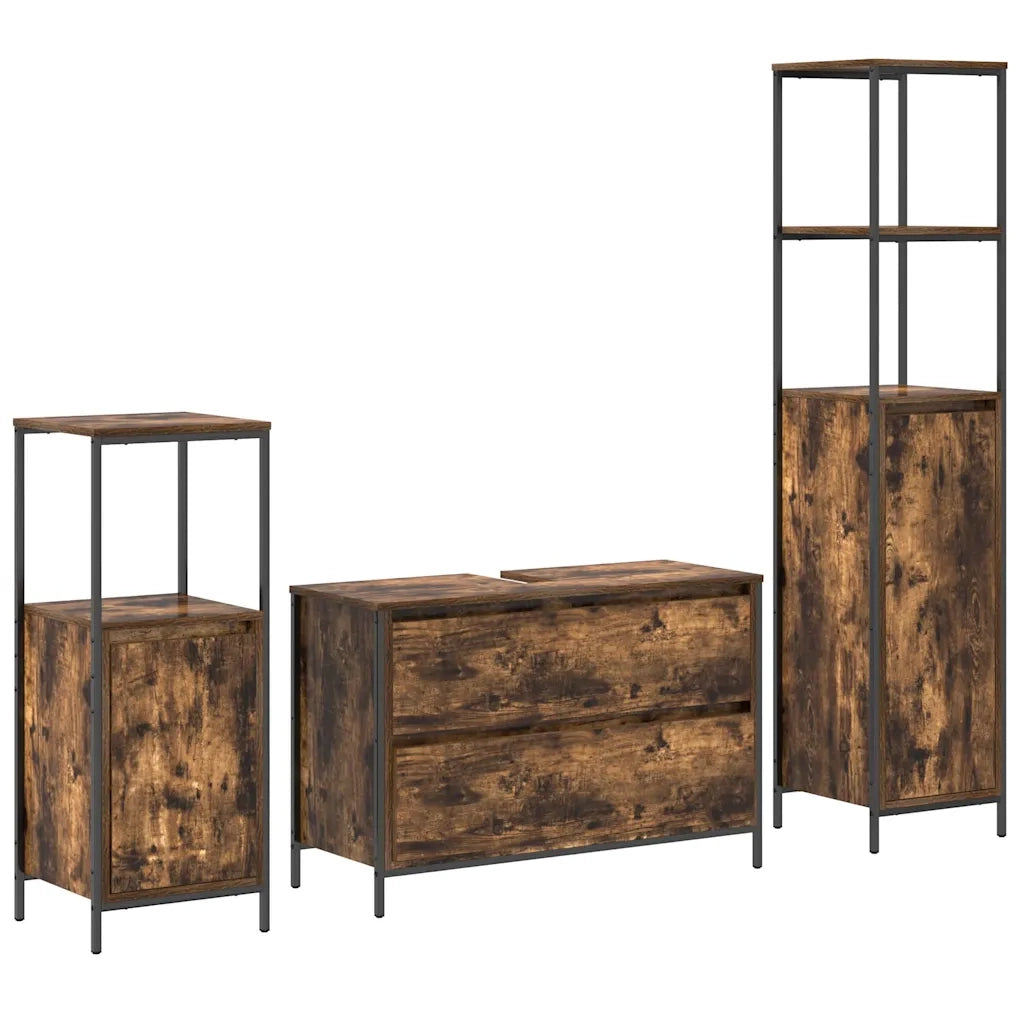 Set di mobili per il Bagno | Armadio da bagno 3 pz Rovere fum¨¦ Legno multistrato