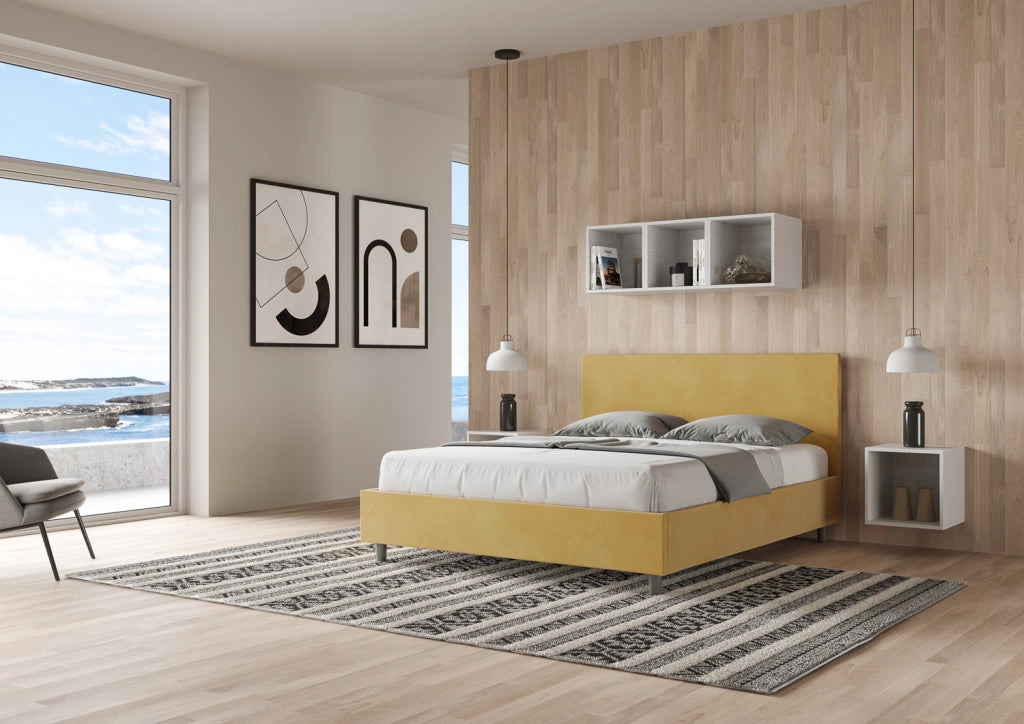 BS COM Letto queen size contenitore imbottito 150x200 microfibra ocra