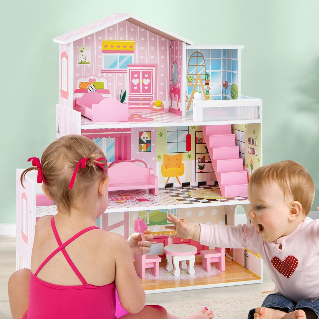 Casa delle bambole in legno per bambini, Set di gioco con 5 stanze e 10 mobili carta da parati 60x25x70cm Rosa-Cucine giocattoli