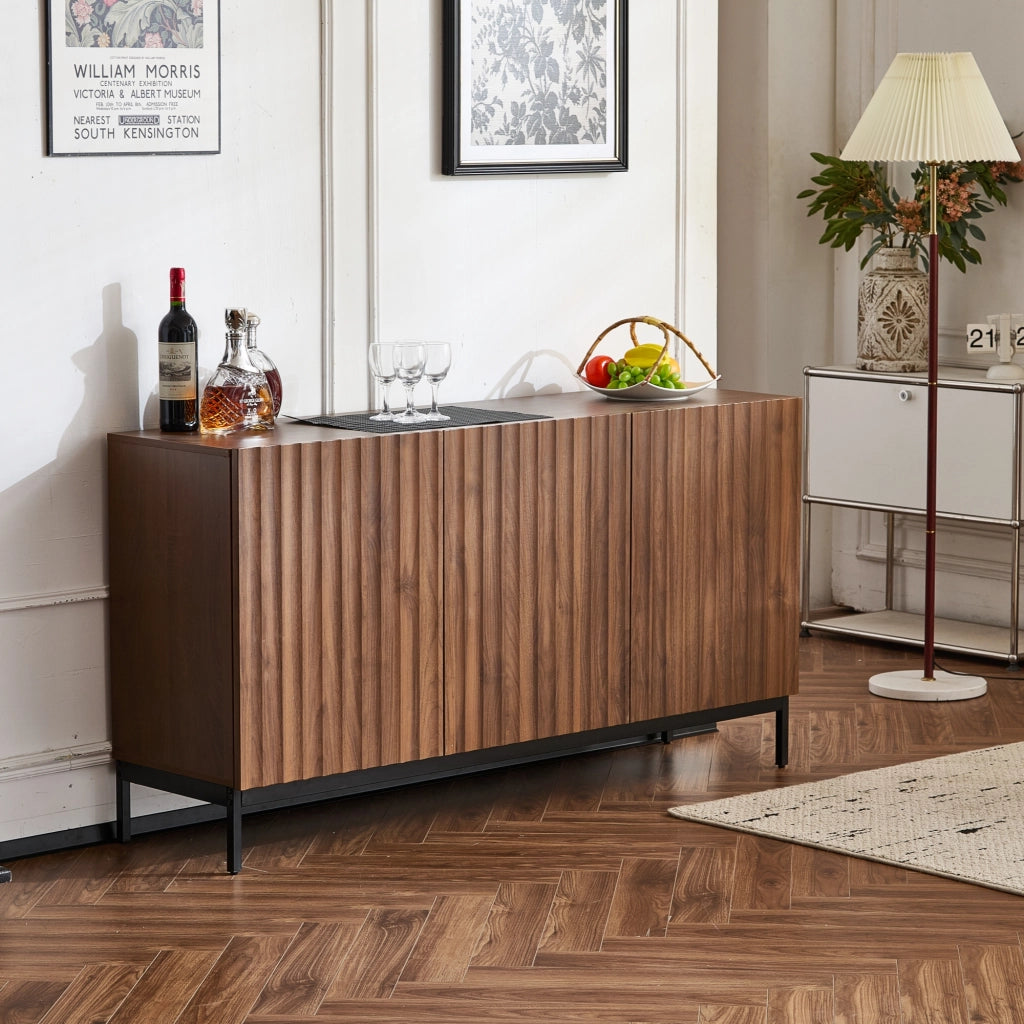 Sideboard Mid-Century Modern - Zephmum - 150x40x80cm Eiche dunkel gemasert, 3 T¨¹ren, 3D-Design, verstellbare B?den