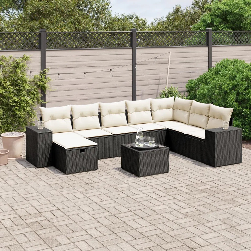 Set Divani da Giardino 9 pz con Cuscini Nero in Polyrattan