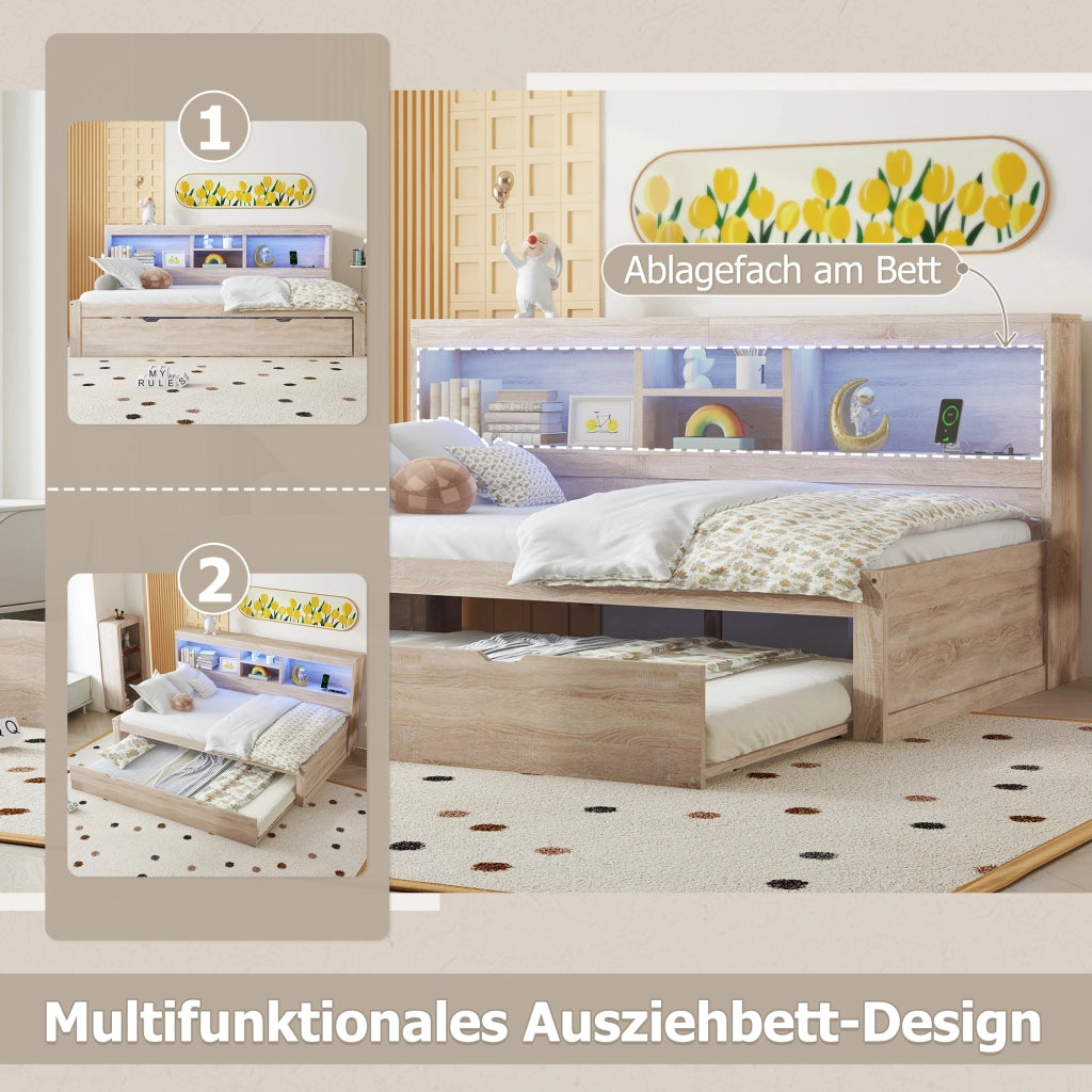 DIVANO LETTO Estraibile 90x200 cm Natur con prese USB e luce ambientale
