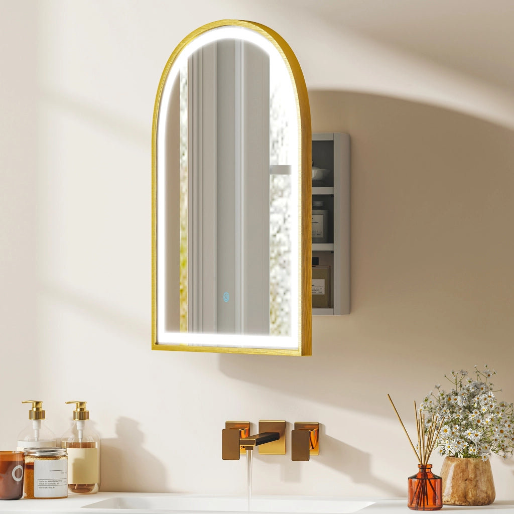 Armadietto a specchio LED bagno ¨C Xylo ¨C Porta ad arco anti-appannamento dorato 50x70cm
