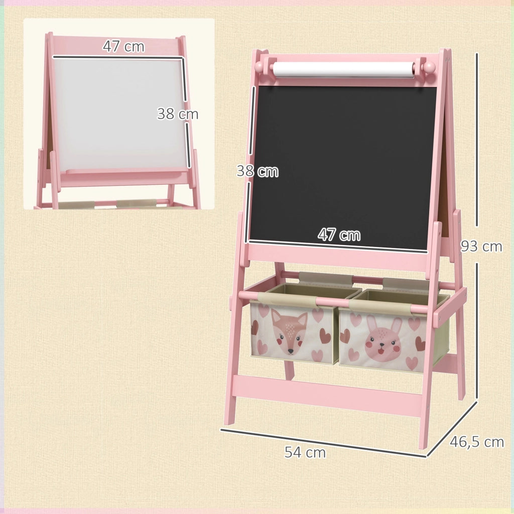 Lavagna cavalletto bambini doppia faccia con rotolo carta e 2 cestini ¨C Xylo ¨C Rosa 54x46,5x93cm