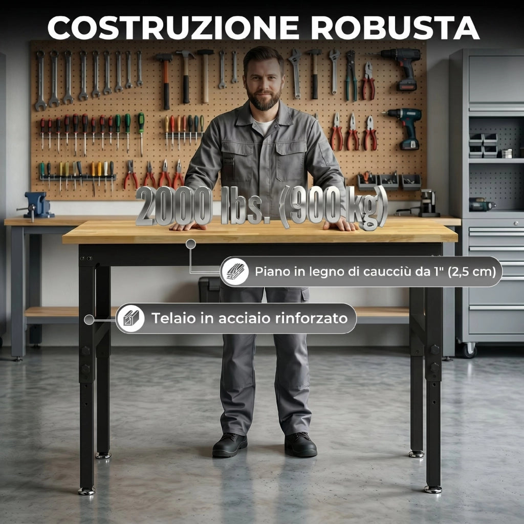 Banco da Lavoro Regolabile ¨C Xylo ¨C Legno e Acciaio, 2 Prese AC, 900 kg