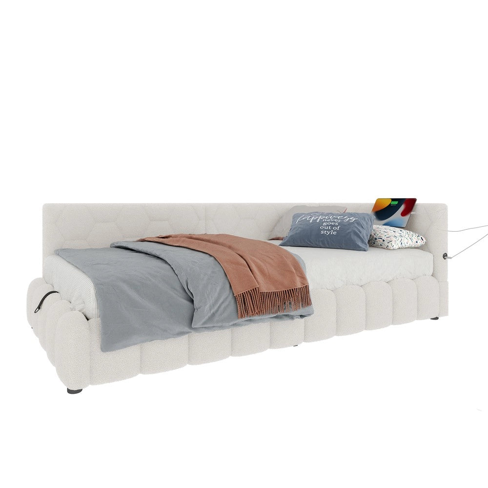 Letto Contenitore Imbottito con LED ¨C MINIMAL ¨C 90x200, Bianco, Idraulico, USB