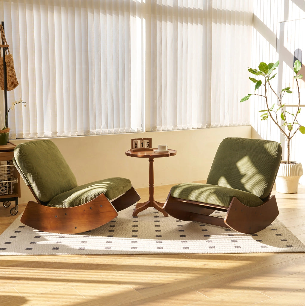 Sedia a dondolo glider in tessuto; struttura in legno; verde