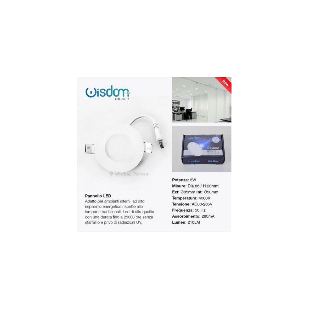 Trade Shop - Pannello A Led Tondo O Quadrato Ad Da Incasso Luce Fredda Calda Neutra Wisdom - -bianco Freddo-3 Watt -tondo    -