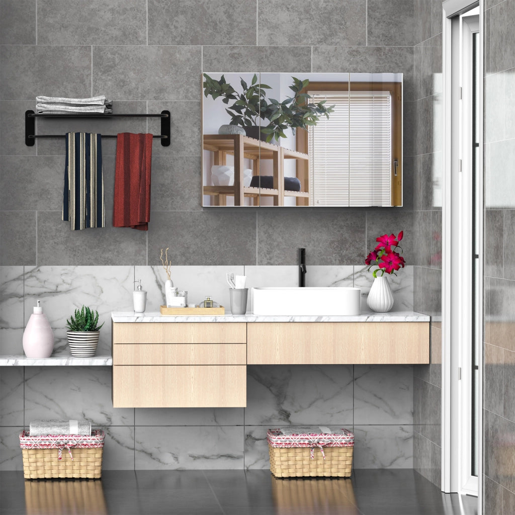 Specchio Bagno Contenitore con 3 Ante a Specchio Soft Close, Specchiera Bagno con Ripiani Regolabili in Legno e Vetro, 90x13.5x60 cm, Color Legno