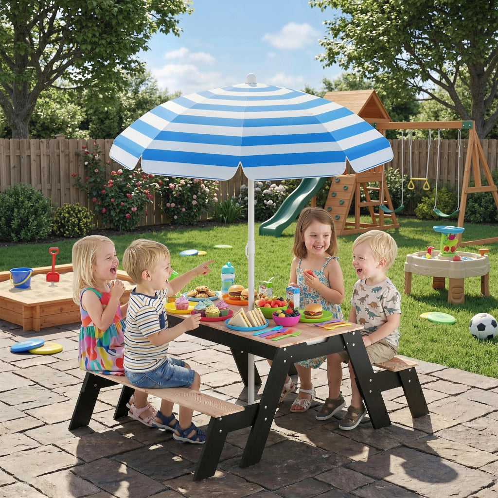 Tavolo da pranzo per bambini con sedie e ombrellone ¨C Minimal ¨C Legno naturale 90x90x50
